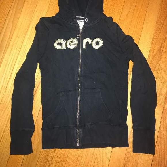 Aero Xsmall Black yellow Zip Up Hoodie Aeropostale casual warm junior back to sc - Picture 2 of 7